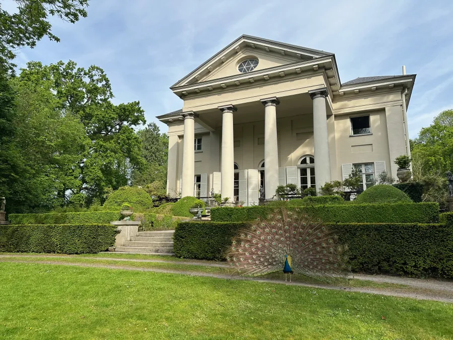 Leyselebeke Castle, son jardin paysager et un paon